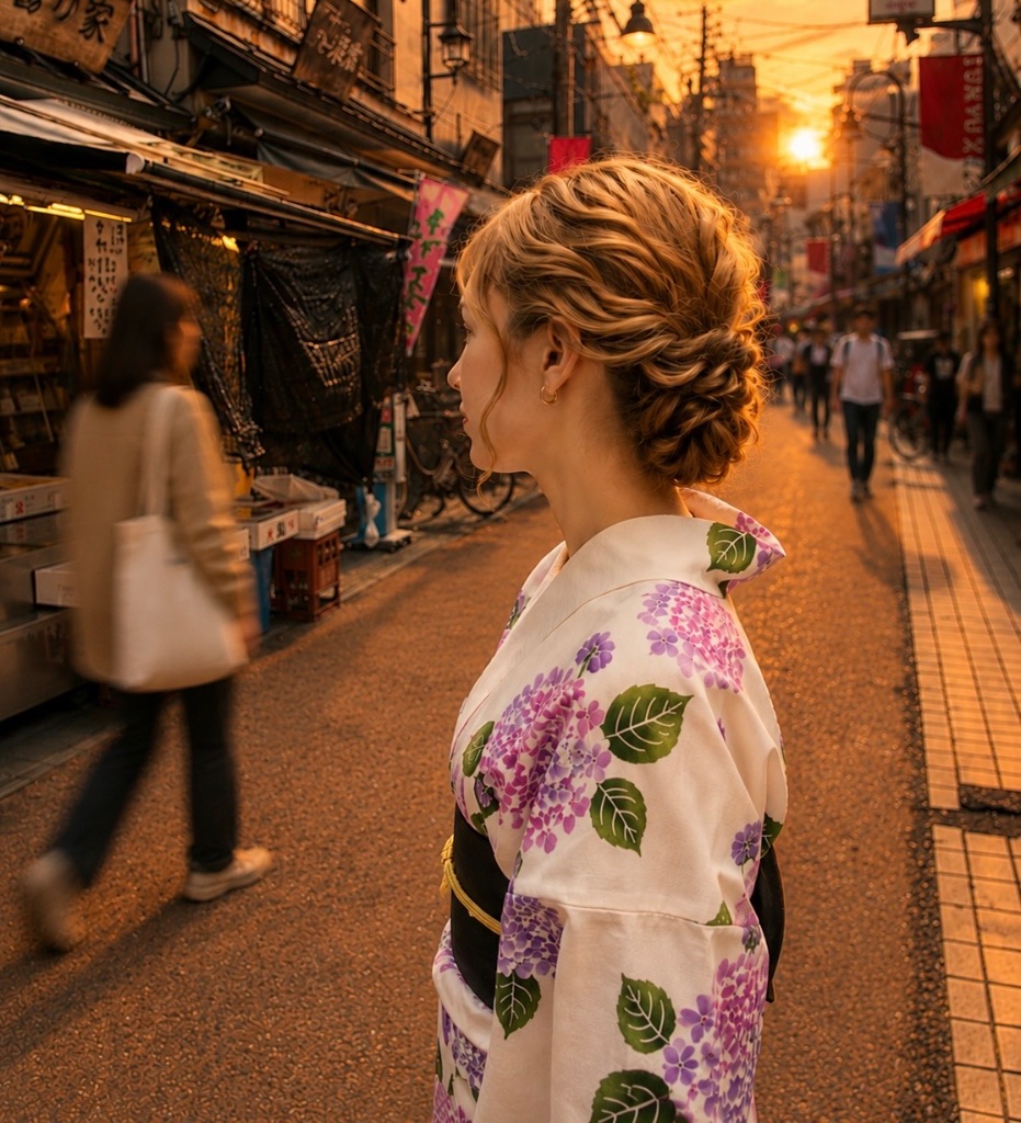 A guest in kimono walking through Yanaka at sunset